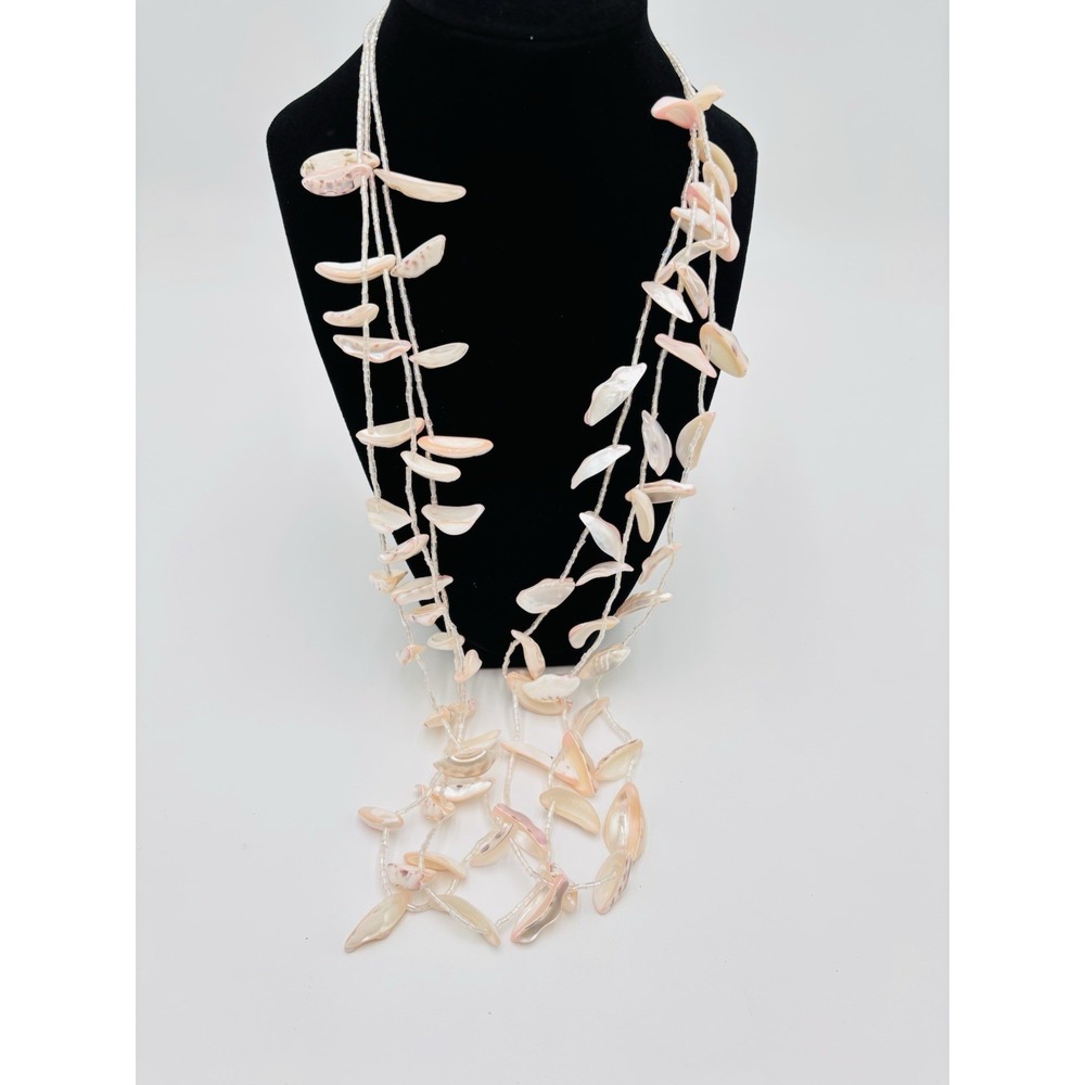 Multi Strand Mother of Pearl Necklace Pink Shell Beaded Long Boho Statement